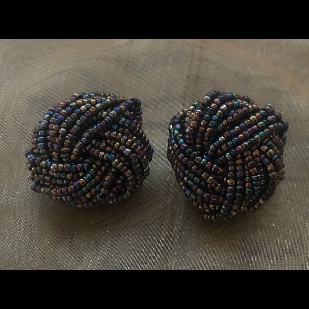Black and Rainbow Beaded Antique Clip Earrings